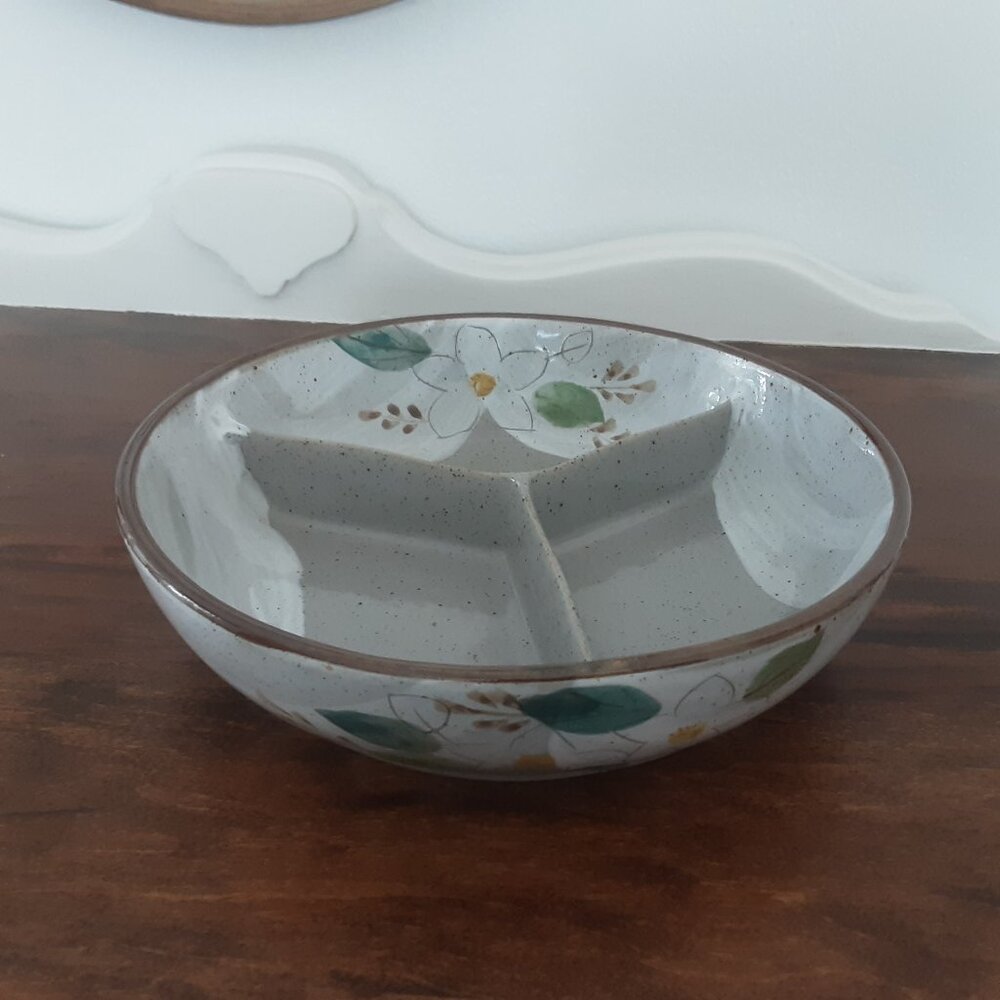 Pottery Handpainted Speckled Relish, Candy Dish. 3 Sections